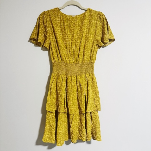 TANOA - Yellow Printed Smocked Waist Layered Dress - Picture 4 of 5